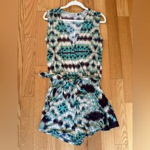 Veronica M | Sleeveless V-Neck Romper in Teal & Purple Ikat Print